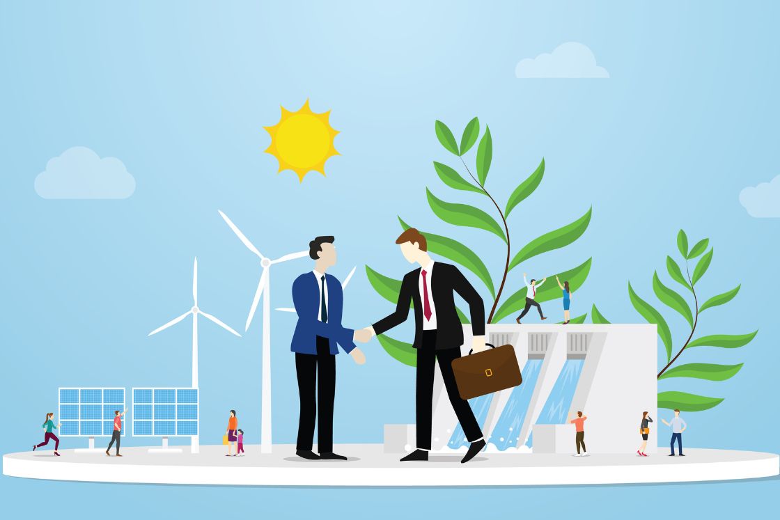 Illustration mit zwei Menschen, die sich die Hände schütteln und grünen Energieanlagen im Hintergrund